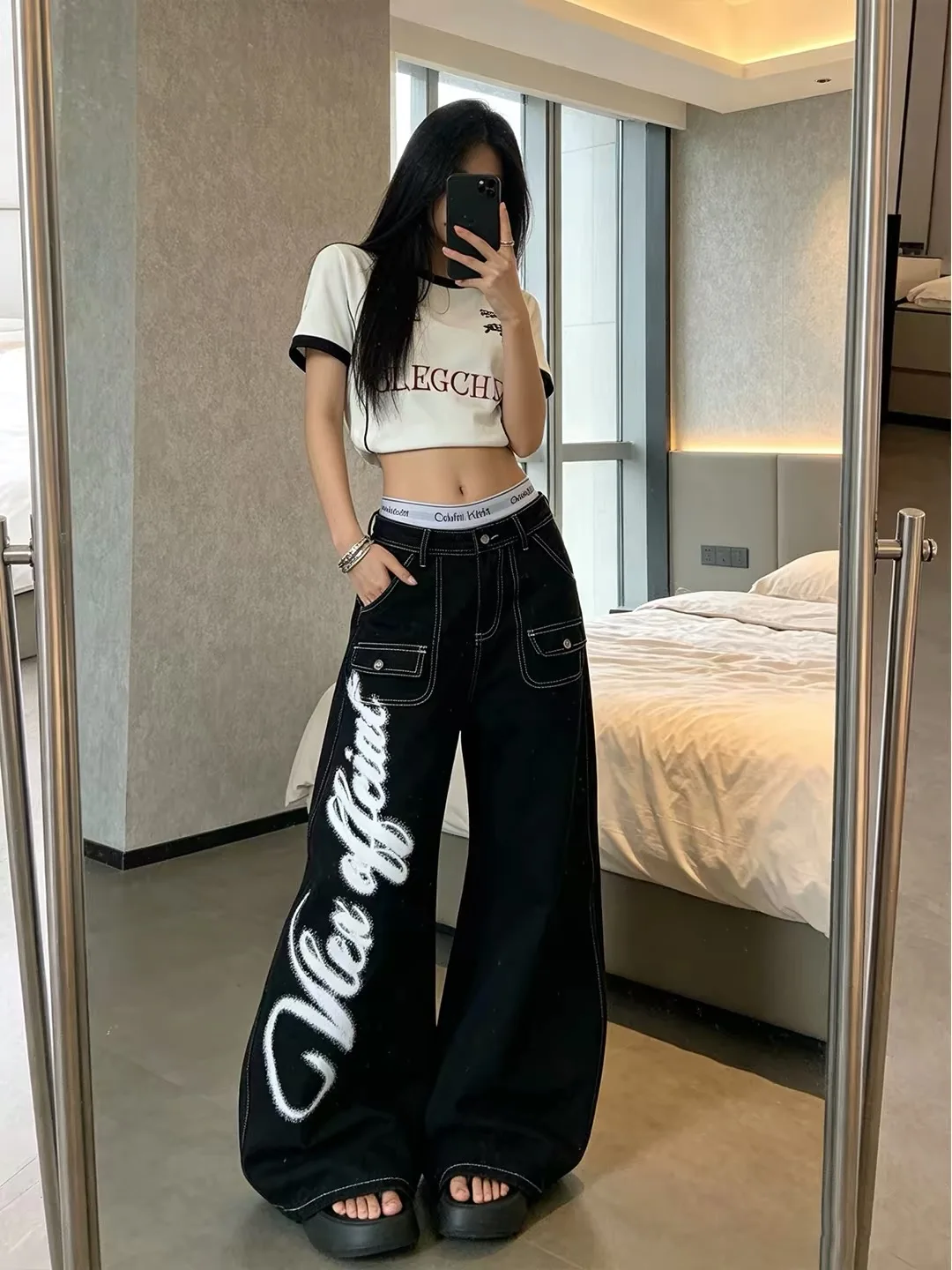 Black Lazy Wide Leg Pants Women's Graffiti Print Pear Body Shape Draping Floor-Length Trousers Autumn New Style High Waist Denim