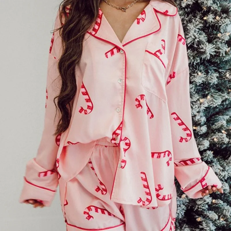 

Рождественский атласный комплект домашней одежды с принтом, одежда для сна, комплект из двух предметов, пижамы, мягкая тонкая осенне-весенняя новая одежда для дома, удобная домашняя одежда