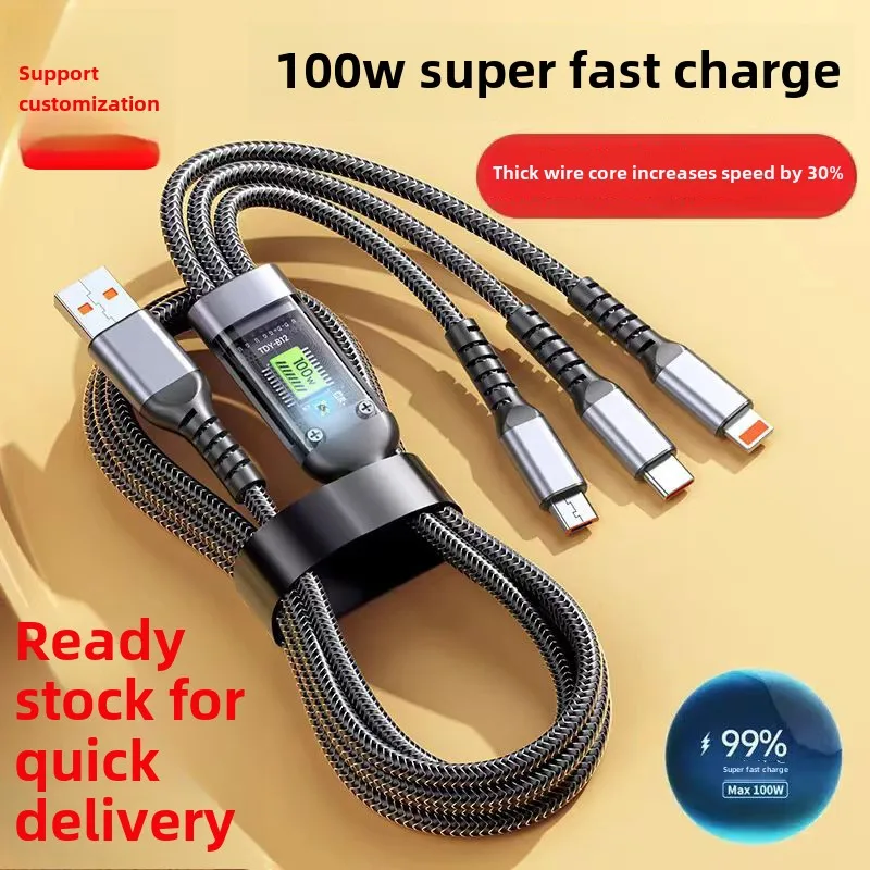 USB 100W cable fast charging data suitable for iPhone, Android, Xiaomi ultra fast charging braided one to three