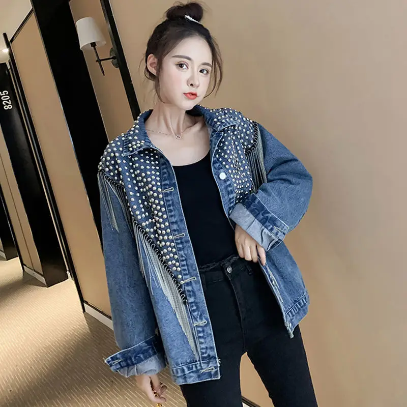 Damska kurtka dżinsowa 2024 New Spring Autumn Beading Tassel Streetwear Casual Denim Jacket High Street Korean Fringe Loose Coat 3XL