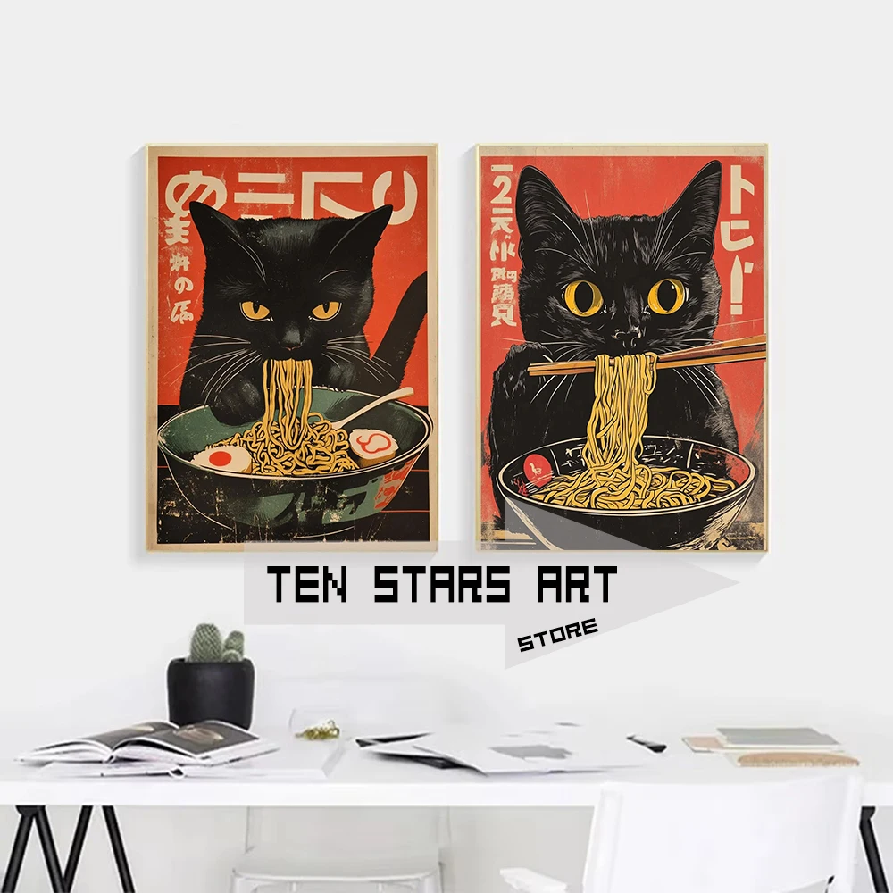 Vintage Cat Eating Noodles Poster Retro Wall Art Ramen Canvas Painting Wall Decor Asian Inspired Art Prints Kitchen Wall Decor