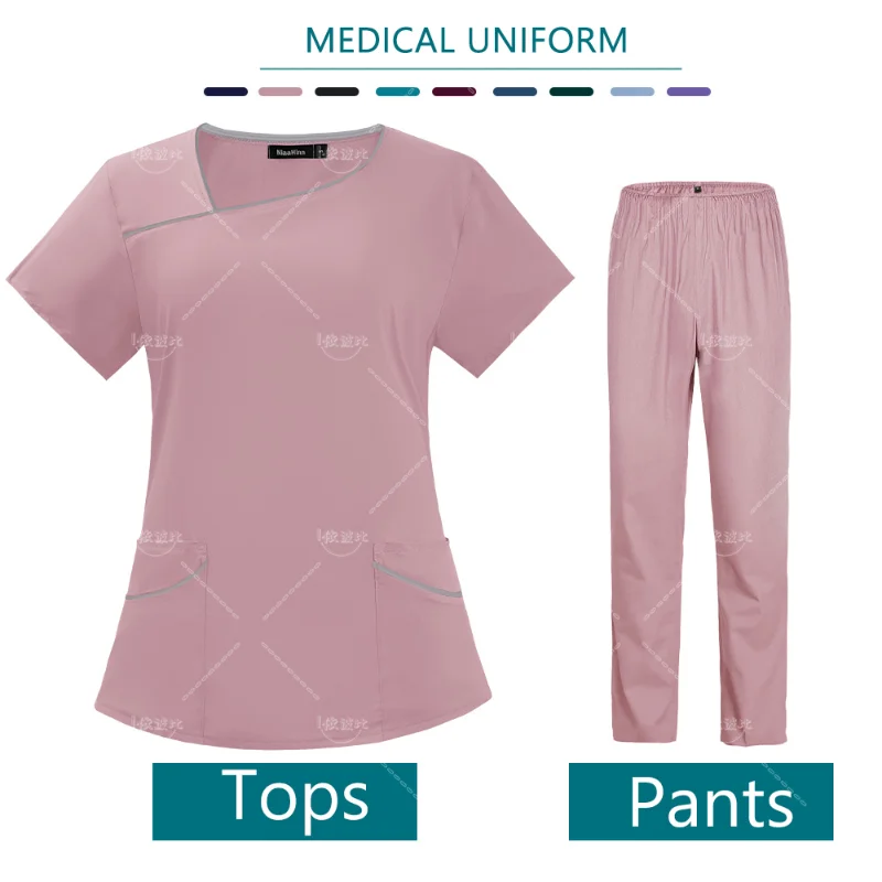 Women's Surgical Uniform Solid Color Short-Sleeved Top Pants for Nurses Workwear Fashion Scrubs Uniform Suit Nurse Accessories