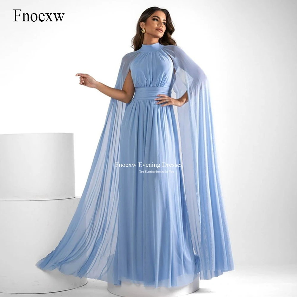 

Fnoexw Sky Blue A-line Prom Dresses With Long Shawl Sleeves Women Party Dresses With Belt Chiffon Vestidos De Fiesta Elegantes