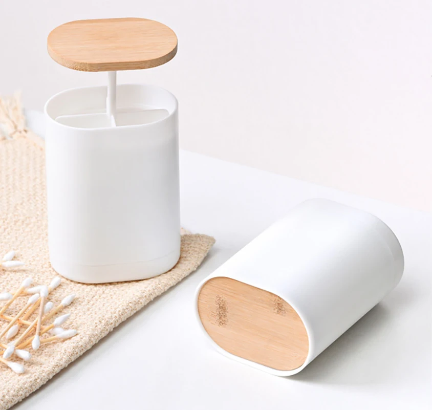 Automatic Lifting Toothpick Box Bamboo Wood Creative Press Type Toothpick Storage Box Cotton Swab Case Toothpick Jar Holder