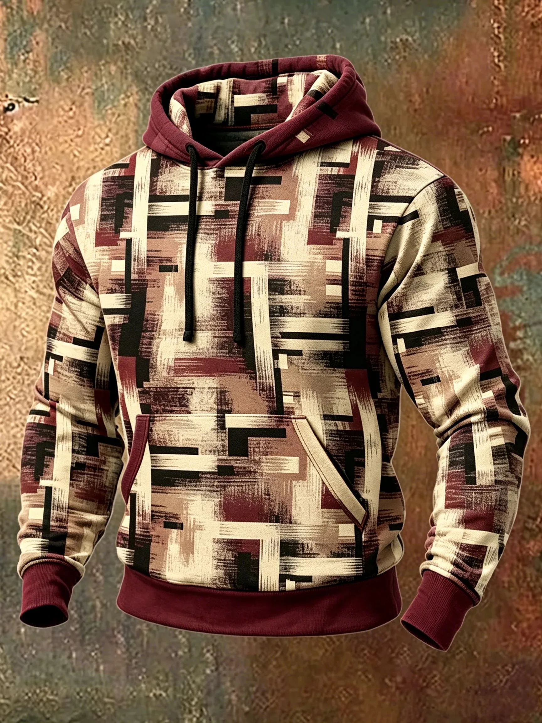 Men Unisex 3D Print Hoodie Abstract Geometric Brush Stripe Pullover Long Sleeve Kangaroo Pocket Casual Sweatshirt Streetwear
