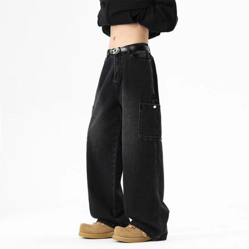 Large Pocket Men's Jeans New Loose Wide Leg Spring And Autumn Style Plus Size Fashionable And Versatile Washed Casual Long Pants