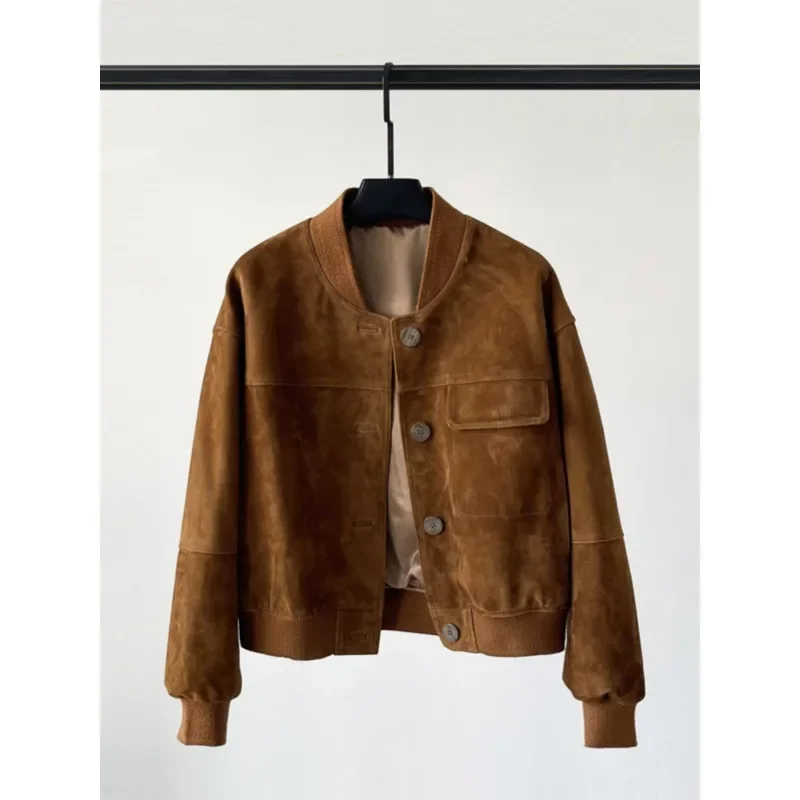 

2025 New Genuine Leather Jacket Women's Short Baseball Jacket Suede Leather Single-breasted Goat Leather Coat Winter Clothes