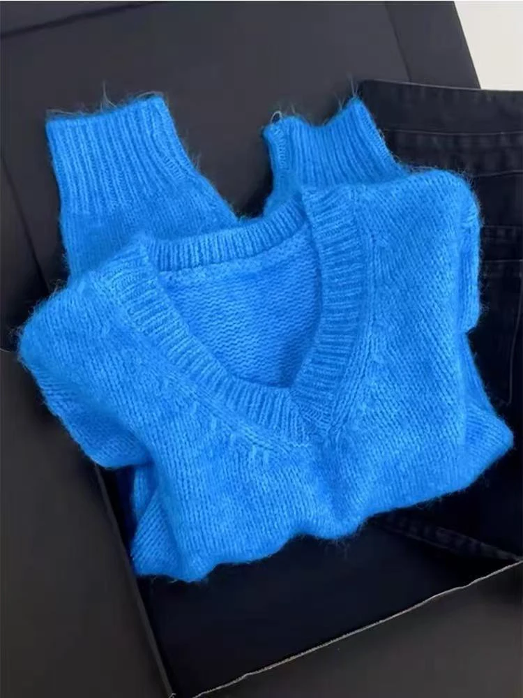 فضفاض طويل Sve V-Ne محبوك سترة المرأة الخريف الشتاء جديد Sle لينة كسول الأزرق الأعلى مريحة تناسب قسط Quali