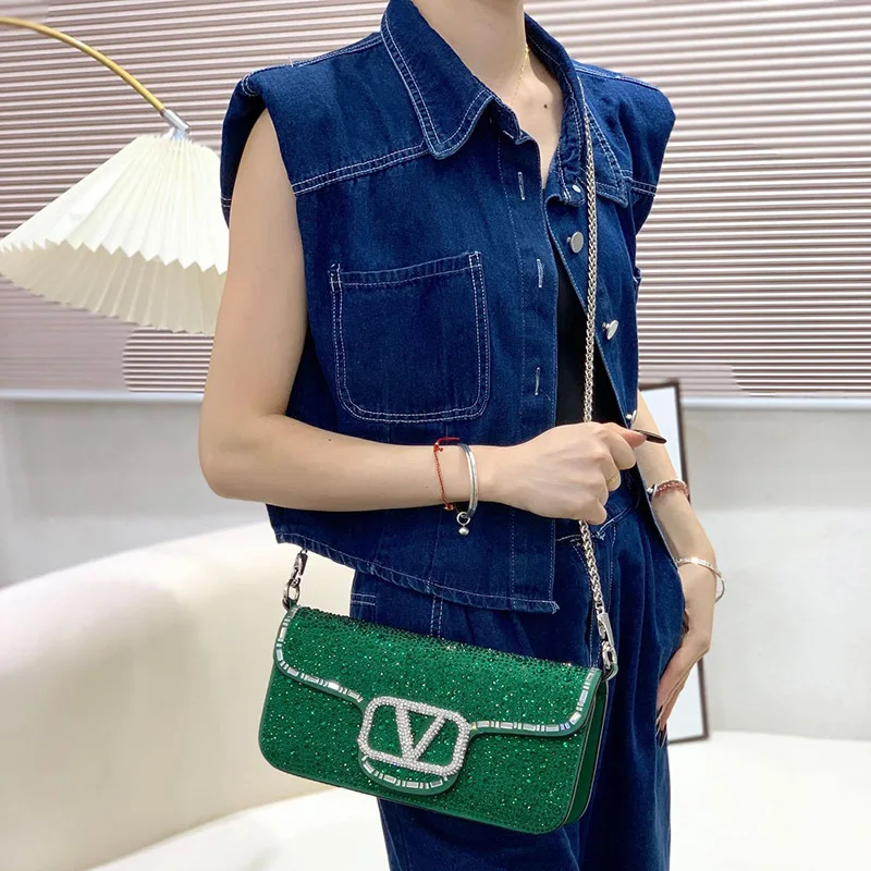 حقيبة سهرة نسائية مرصعة بأحجار الراين المكسورة بالكامل من الجلد المقسم حقيبة أنيقة تحت الإبط حقيبة كتف بسلسلة عصرية بتصميم فاخر ماسي #6