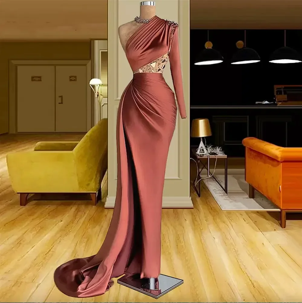 ustomized Elegant One Shoulder Crystal Mermaid Ball Dress Plus Size Dubai Arabian Evening Dress Long Sleeve Dress 2026