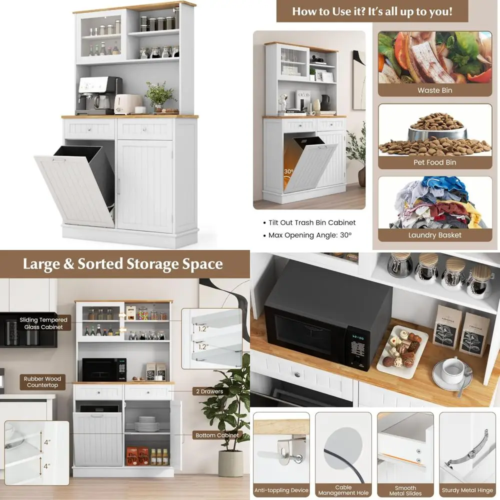 68” Tall Kitchen Pantry Cabinet, Wood Sideboard Cupboard with Microwave Countertop, Sliding Glass Door, Freestanding Buffet Hut