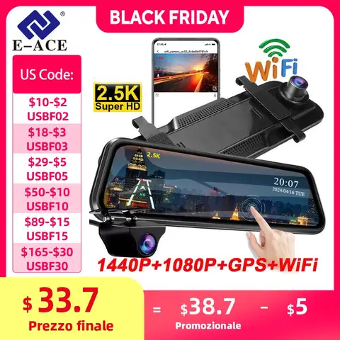 E-ACE 2.5K Telecamera a specchio per auto Touch Screen Videoregistratore Specchietto retrovisore Dashcam 1440P GPS Wifi 24H Parcheggio DVR Scatola nera