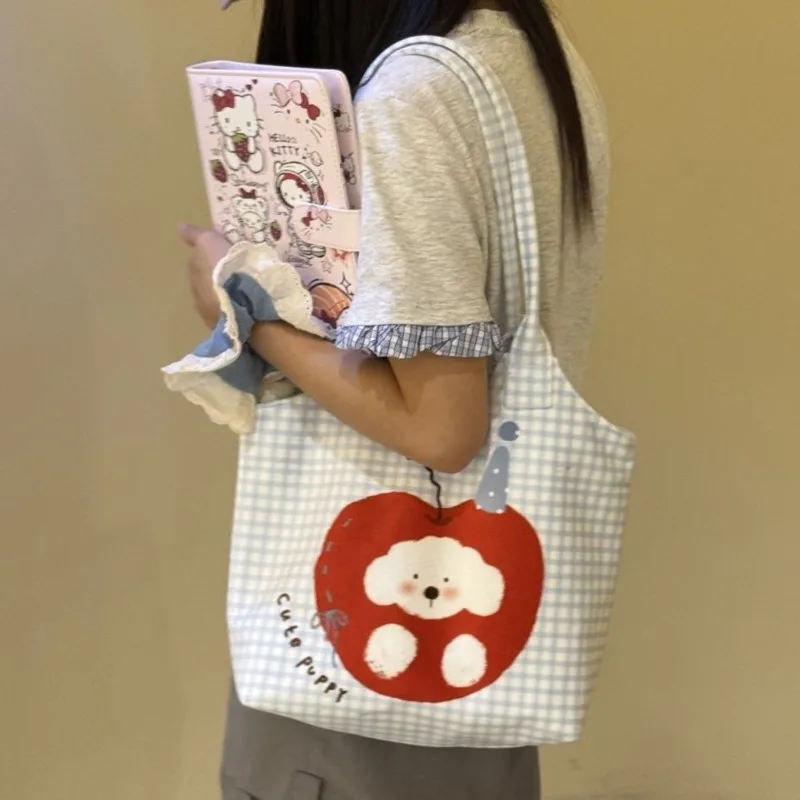 Apple Plaid Dog Tote Bag Y2K Cartoon Printed Velvet Illustration Shoulder Bag Commuting Student Bag High Capacity Zipper Itabag