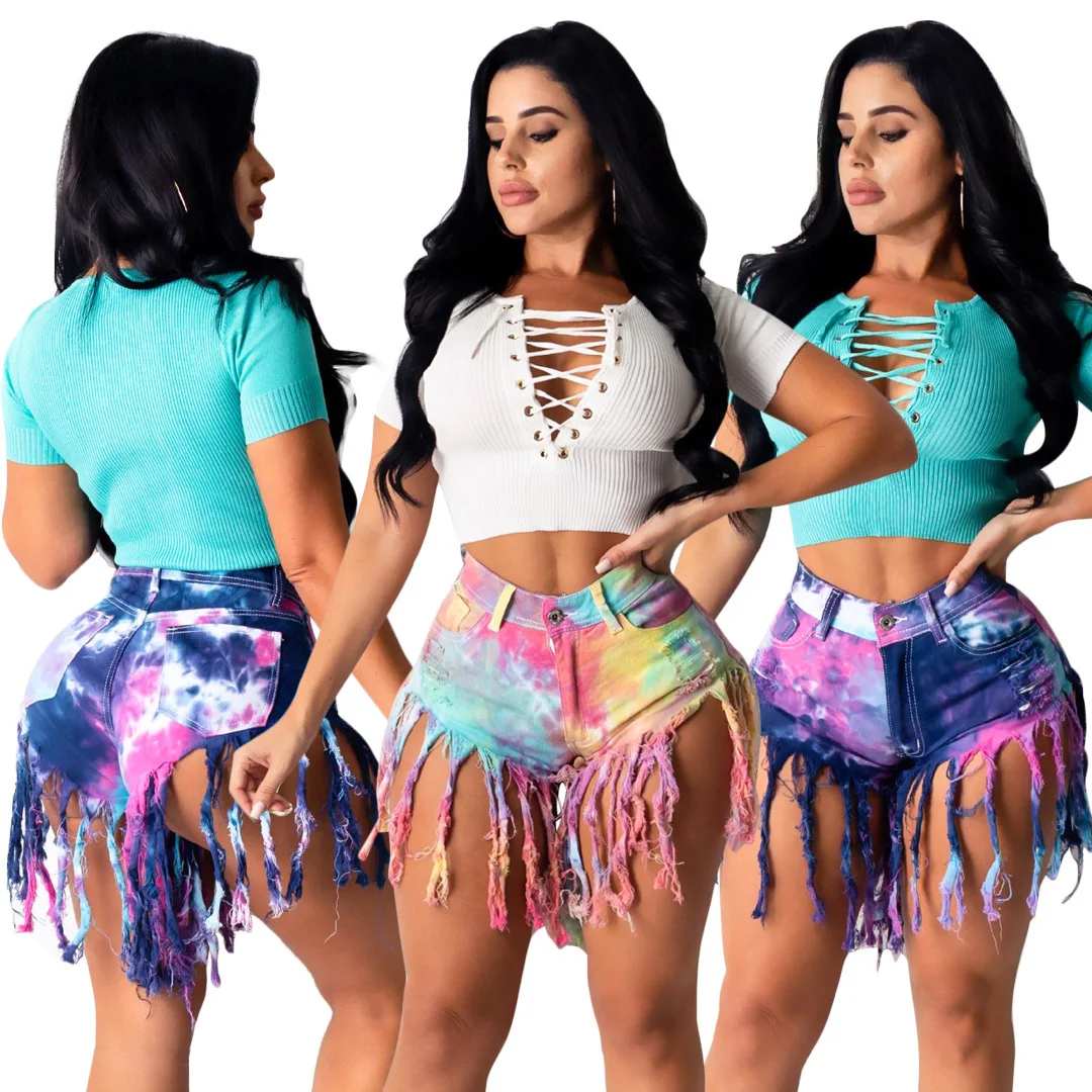 

Tie-dyed Denim Shorts with European and American Tassel Design.New Summer Fashion Patchwork High-waisted Casual Shorts for Women