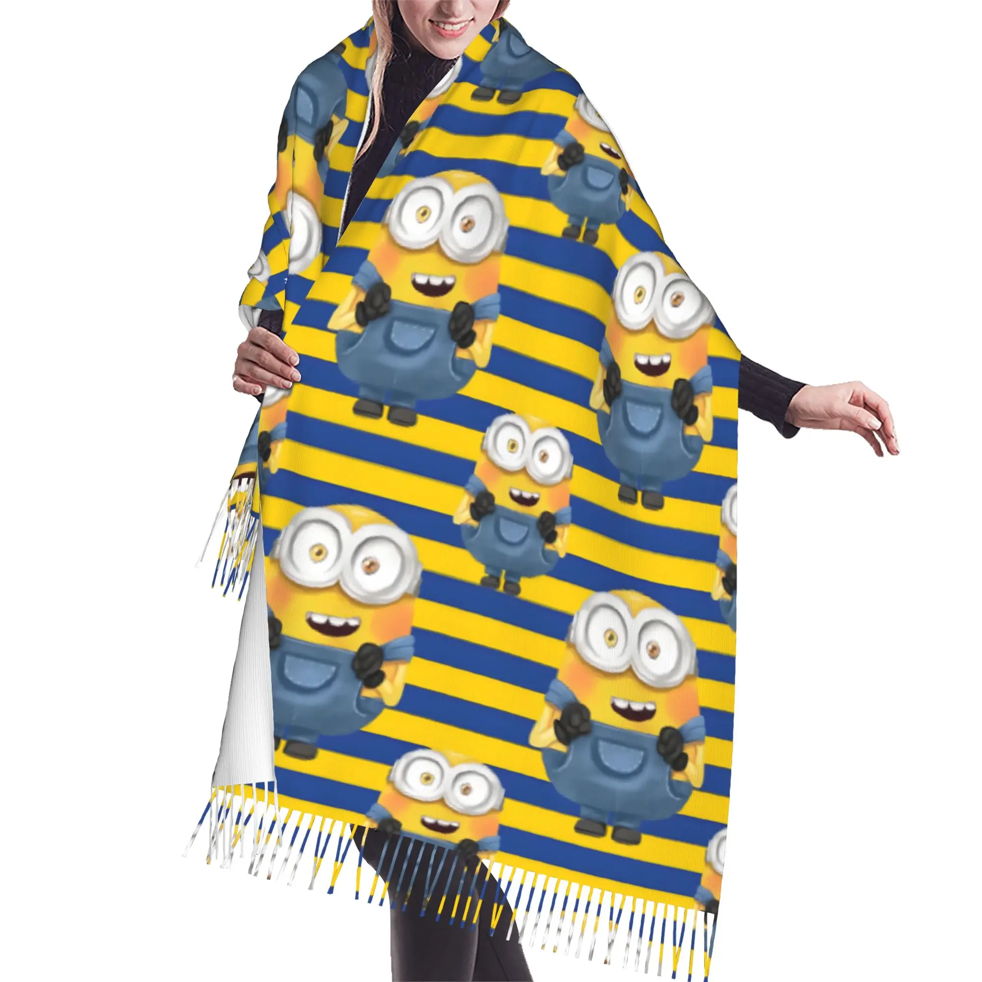 Custom Female Large M-Minioned Anime Scarves Women Winter Fall Soft Warm Tassel Shawl Wraps Manga Cartoon Scarf