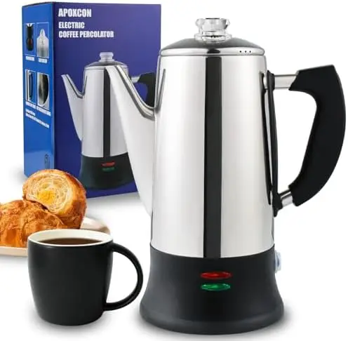 

Electric Coffee Percolator 12 Cup - Stainless Steel with Glass Knob, Keep Warm & Cordless Serve