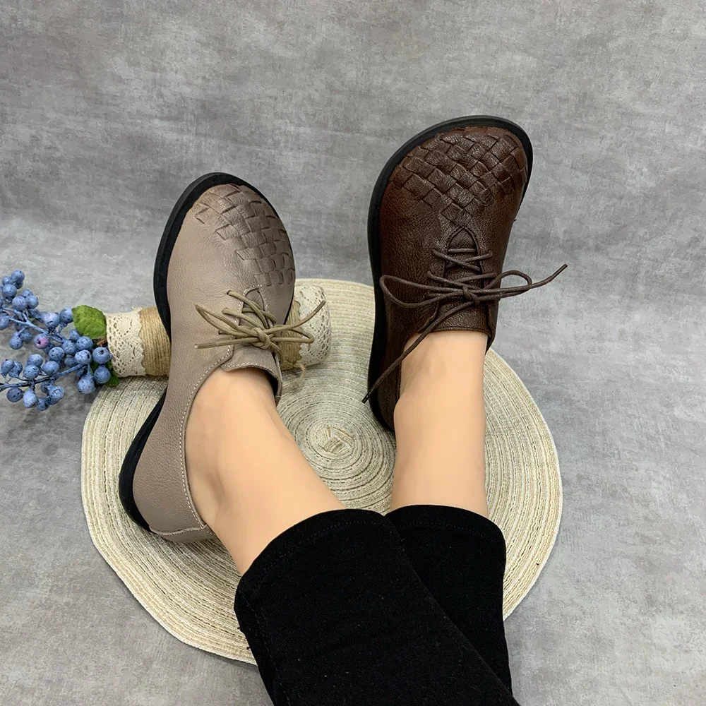 Birkuir Weave Flats Shoes For Women Genuine Leather Lace Up Big Head Low Heel Shoes Leisure Woven Handmade Shoes 2024 Flat Heels