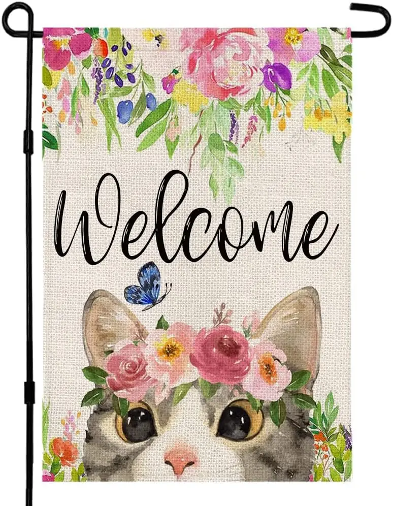 Cat Garden Flag Welcome 12 x 18 inch Flower Yard Outdoor Decoration Burlap Spring Garden Flag DF032