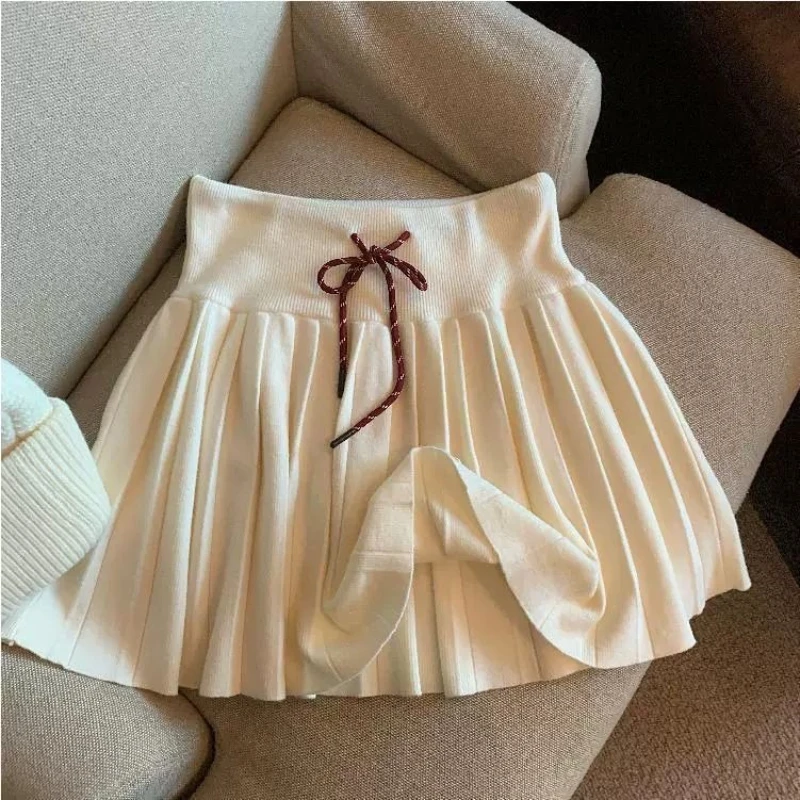 

Fashion New Knit Elastic Waist Short Skirt Women Design Casual Lace Up Preppy Style Skirt Hepburn Chic Vintage A-line Outfits