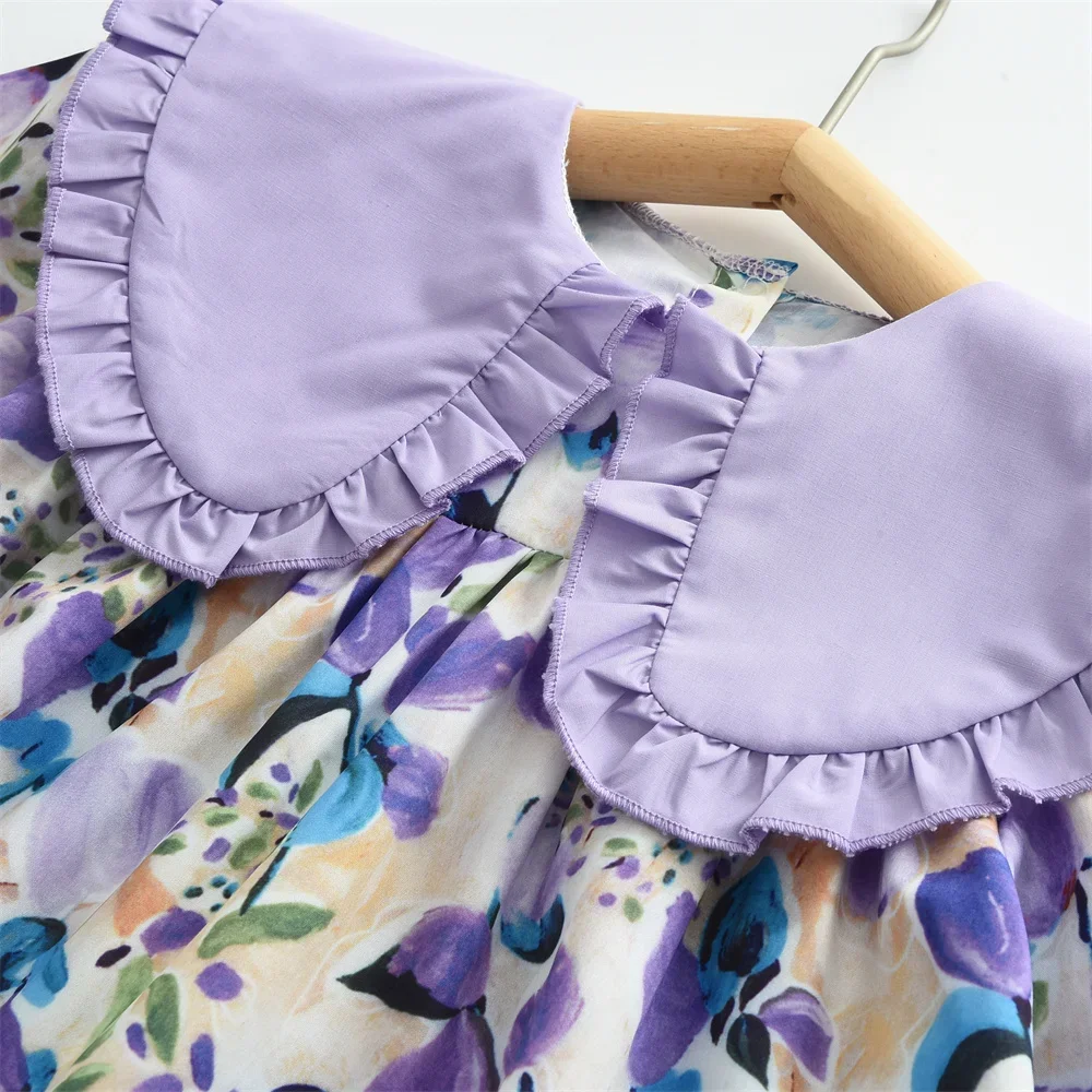 Vestidos casuales para niñas Vestido de fiesta de flores de manga larga con solapa de encaje y estampado de flores moradas para niñas de 2 a 7 años