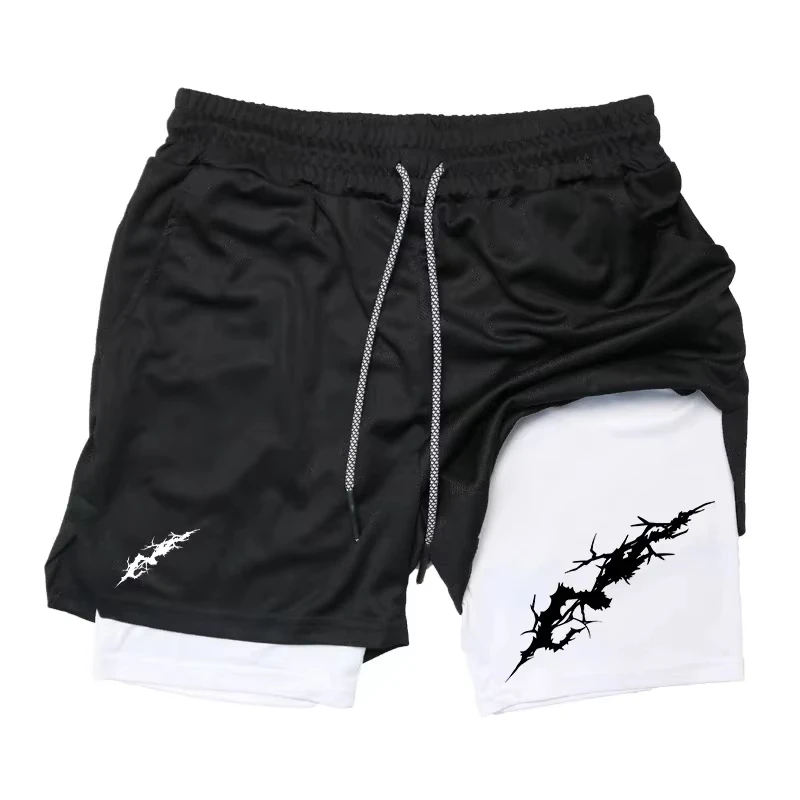 

Men's double-layer 2-in-1 printed shorts, plus size shorts, European sizing, summer fitness running training style, breathable a