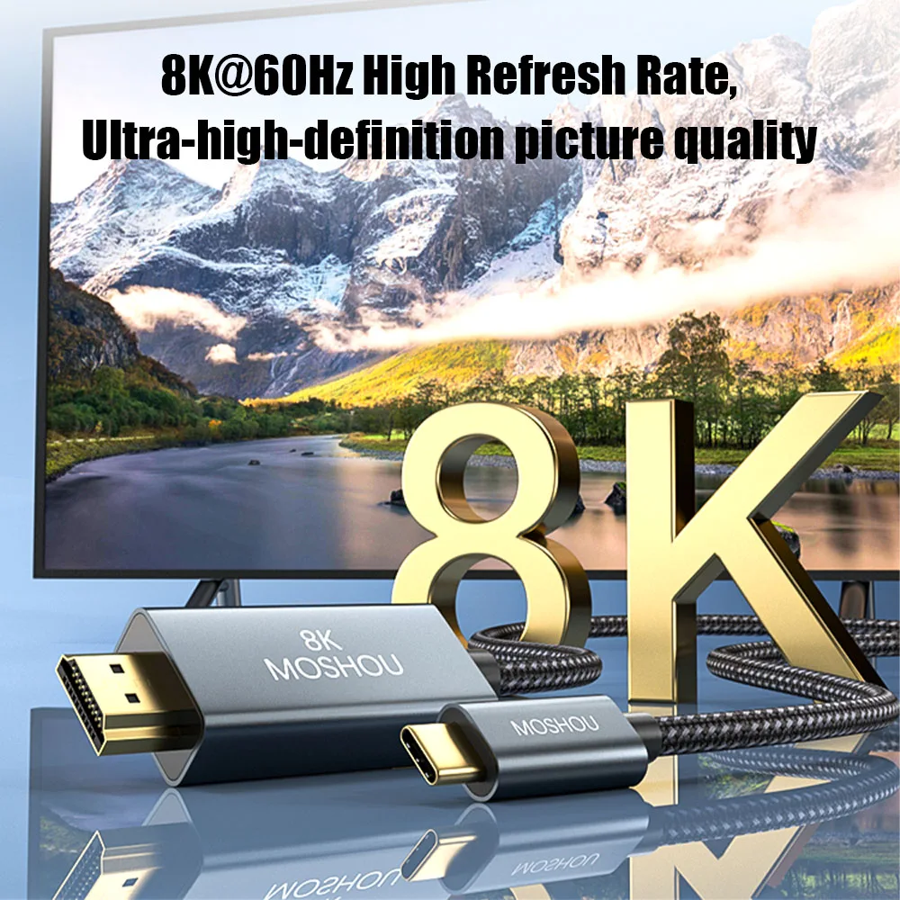 MOSHOU USB C to HDMI 2.1 Cable 8K@60Hz 4K@144Hz Type C to HDMI 8K Braided Cord HDCP2.3 HDR DSC for MacBook Pro Samsung HP Dell