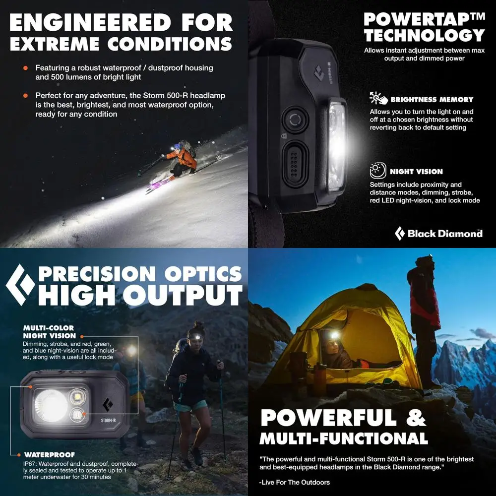 Linterna frontal recargable BLACK DIAMOND Storm 500-R | 500 lúmenes de brillo | Carga impermeable y micro-USB | Negro