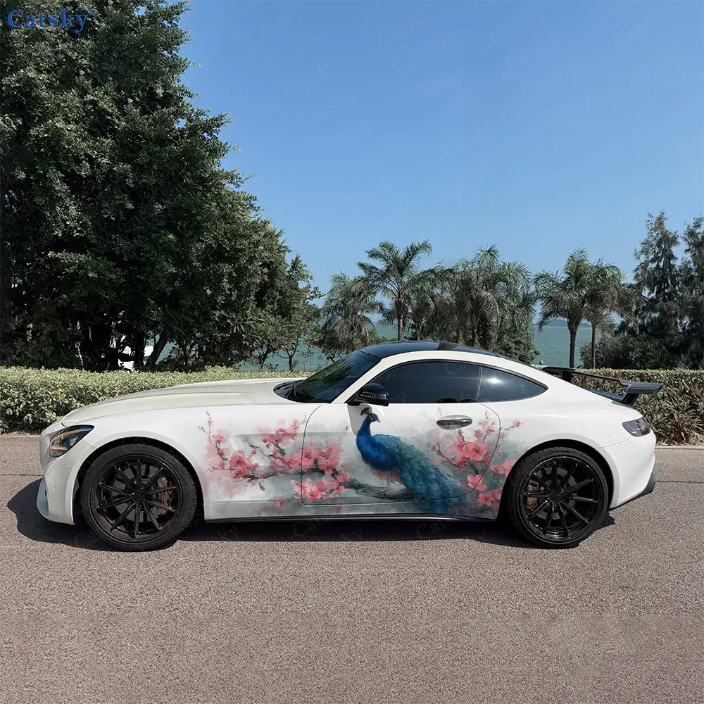 2pcs Peacock Plum Spring Roar, Durable, Fade-resistant, Enhance Vehicle Aesthetics With Bold Artistic Design Car Vinyl Wraps