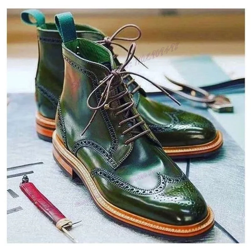 Men's Matte Leather Cross Tied Ankle Boots Green Pointed Toe Chunky Heels 2023 British Style Shoes Runway Vintage Outfit Shoes