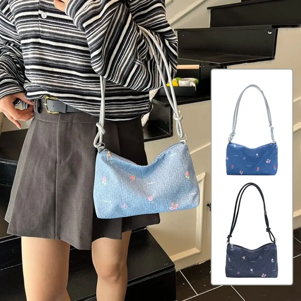 Trendy Korean Bow Underarm Bag Blue Sweet Denim Shoulder Bag Versatile Zipper Women's Handbag Commuting