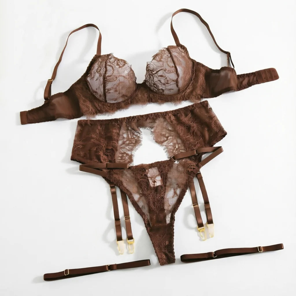 Damen-Dessous Sexy Eleganter BH mit Gürtel und String 3-teilig mit Beinbändern Elegante Intime Verführerische Spitzen-Unterwäsche