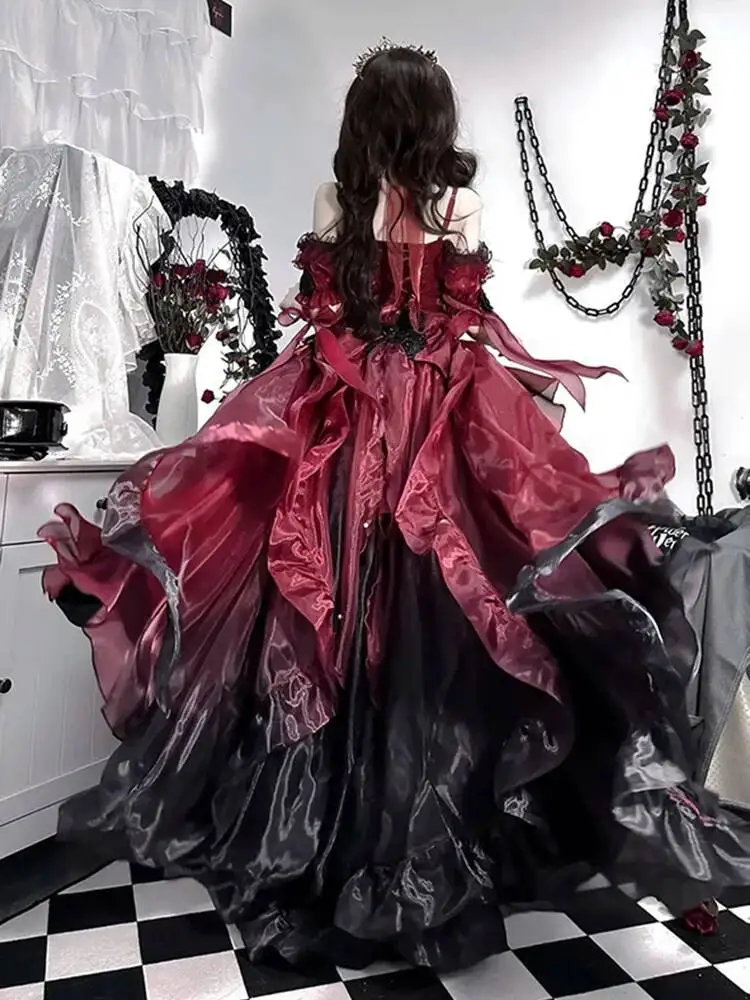 Dark Bride Floral Lolita OP Dress,Trailing Puffy Princess Gown,Gothic Halloween Cosplay Outfit for Party Dress‑up Role‑Play Gift