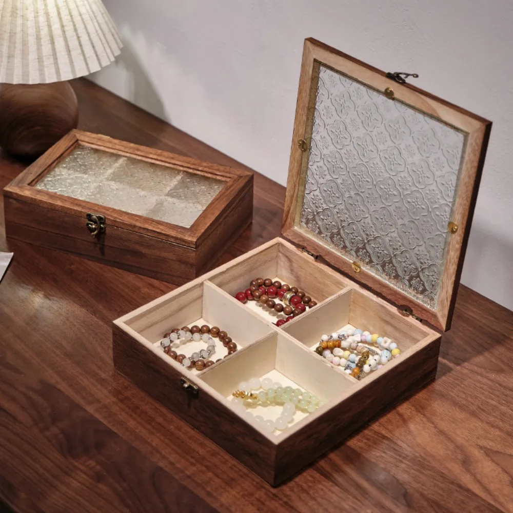 

Vintage Wooden Jewelry Storage Box Decorative Desktop Sorting Glass Cover Jewelry Box Flip Cover Crabapple Flower