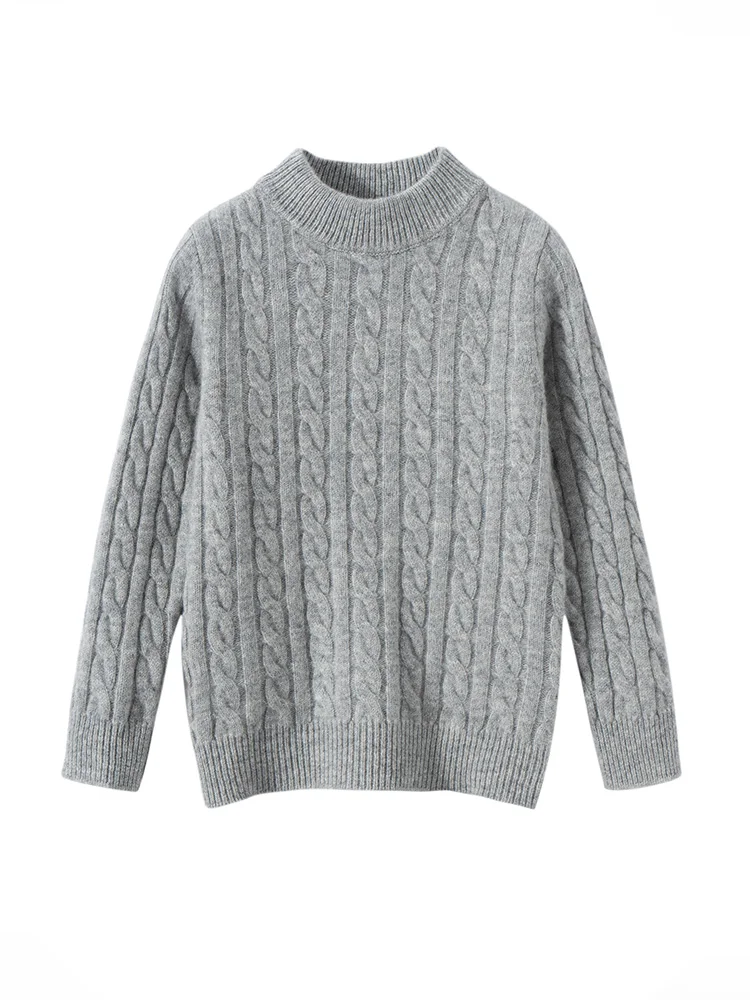 Children Mock Neck Pullover Wool Sweater Twist Flower Boy Girl Autumn Winter 100% Merino Wool Knitwear Kids Jacquard Clothes Top view 6