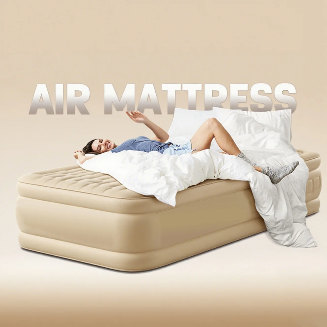 Raised double vertical beam inflatable mattress, self-inflatable inflatable mattress for camping