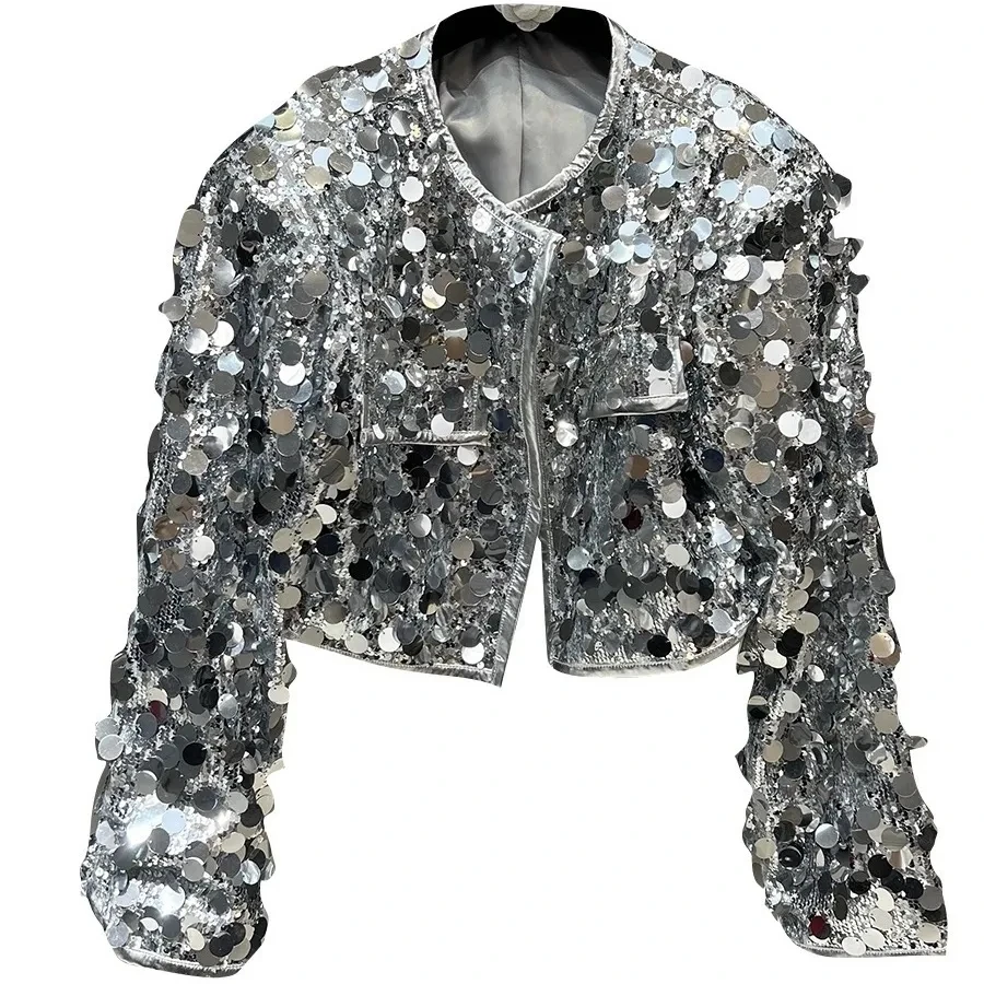 Silver Glitter Jacket Women's Streetwear 2026 Spring and Autumn New Round neck Long sleeved Shiny Stage Jumping Short Jackets