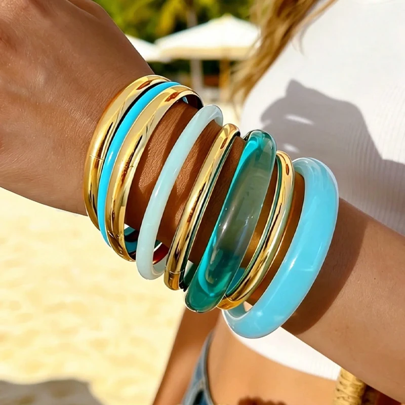 8pcs/4pcs Vintage Bracelet Set for Women Fashion Elegant Minimalist Blue Resin Tie Dye Stackable Bangle Beach Holiday Jewelry