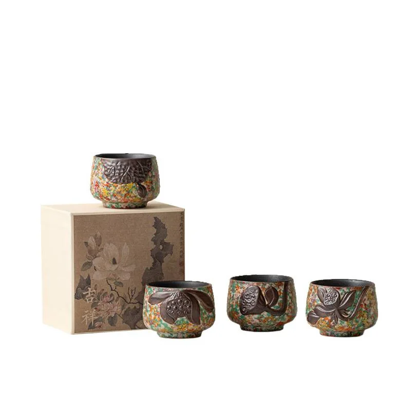구차오 신형 록 페인팅 연꽃 컵 레트로 세라믹 마스터 티컵 가정용 개인 음용 세트 중국 차 예식 도구