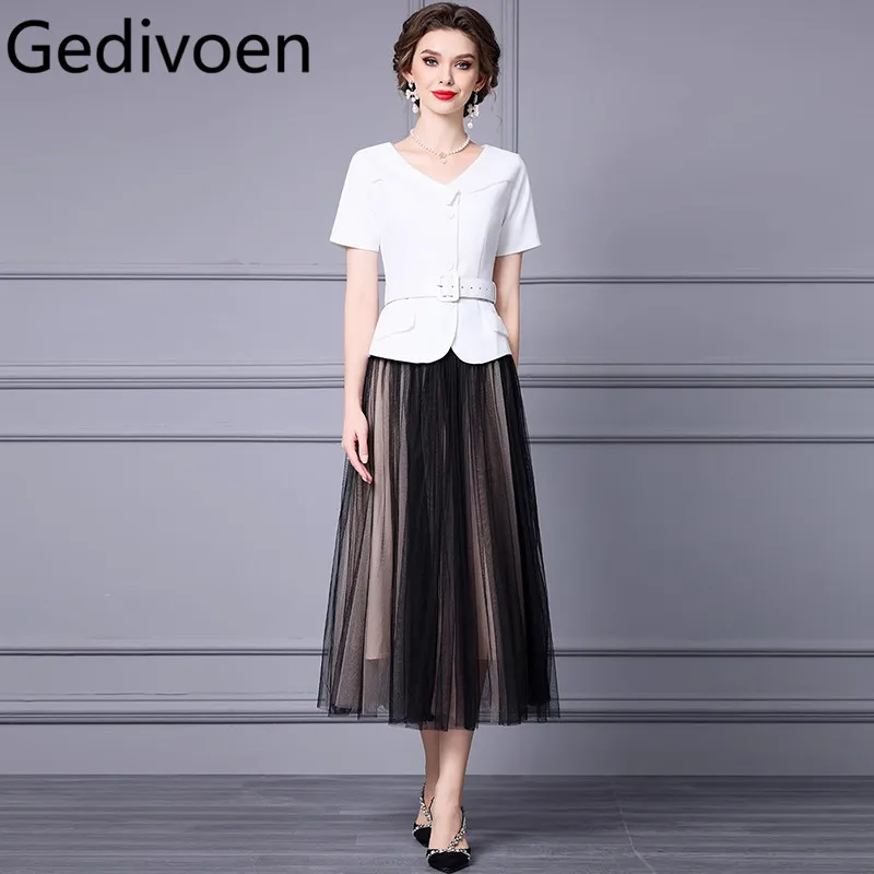 Gedivoen Summer Fashion Runway Designer Skirt Sets Women's Elegant Solid Color Sashes Coat+Net Yarn Flutter Skirt Two Pieces Set