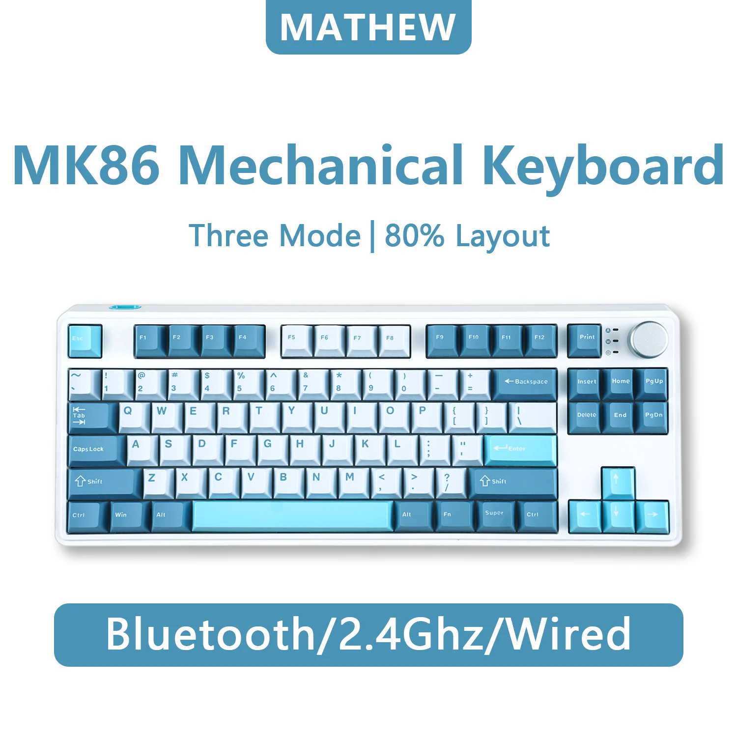 MATHEW MK86 TKL RGB 3 Mode Mechanical Keyboard Gaming With Knob Bluetooth Hot Swappable Wireless 86keys 80% Layout for Win/Mac