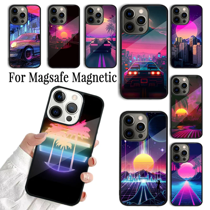 Coque Phone Case For iPhone 16 15 14 13 12 11 Pro Max Plus Magsafe Magnetic Wireless Charging Cover Synthwave Retro 80s Neon