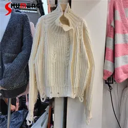 Korean Fashion Asymmetric Tassel Ripped Sweater Coat Female 2023 Autumn Winter Turtleneck Zip Knitted Sweater Tide Women