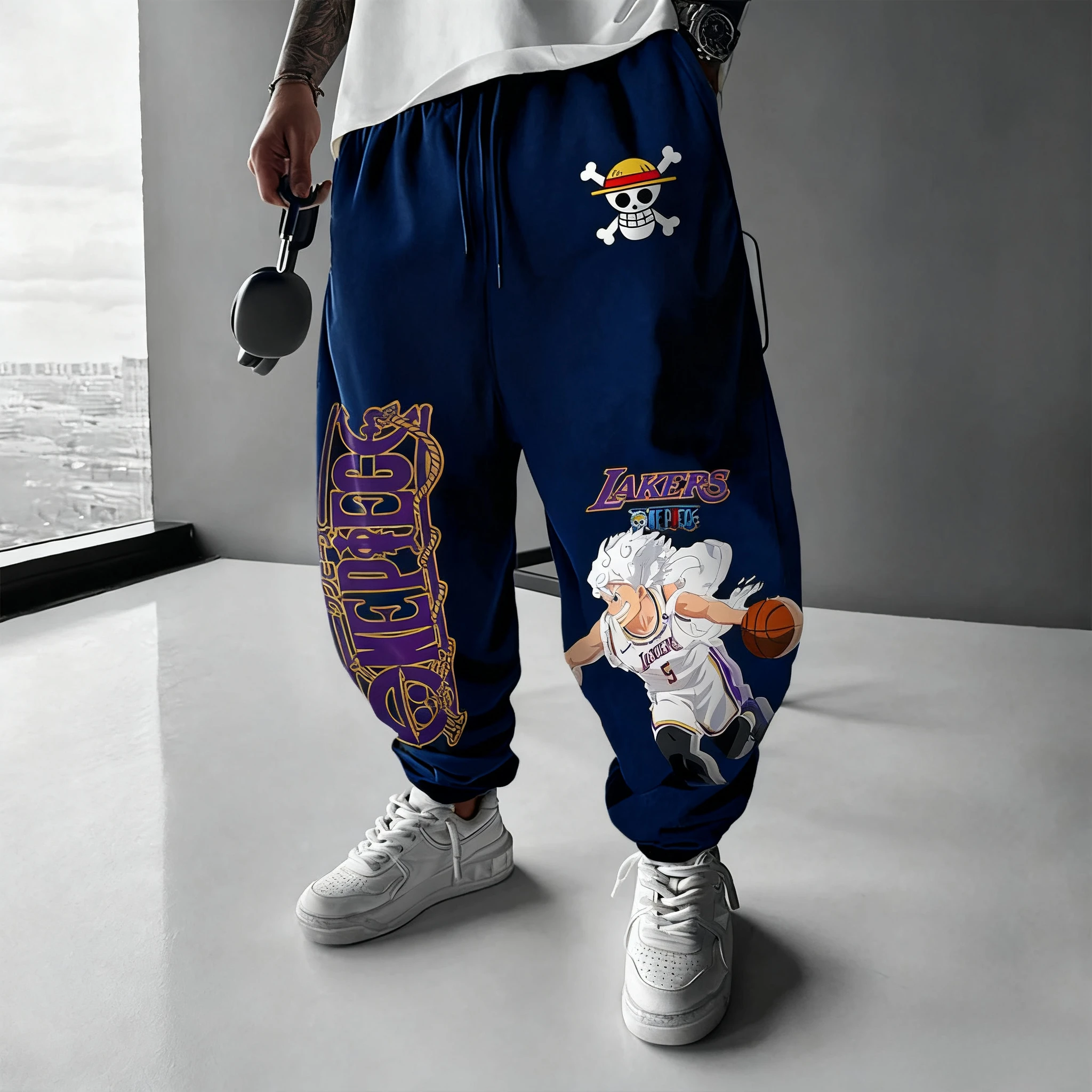 Calças estampadas periféricas de animação japonesa Luffy de uma peça, leggings de algodão esportivas americanas da moda de outono para homens e mulheres