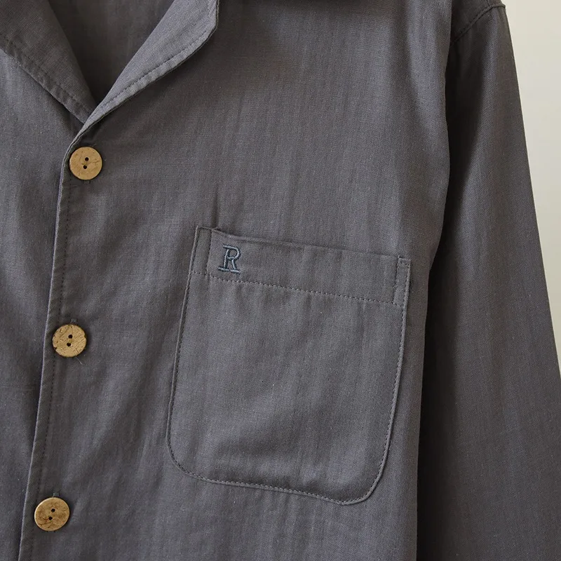 2025 봄과 가을 신상 남성 파자마 세트 100% 면 거즈 단색 대형 사이즈 긴팔 홈웨어 투피스 세트