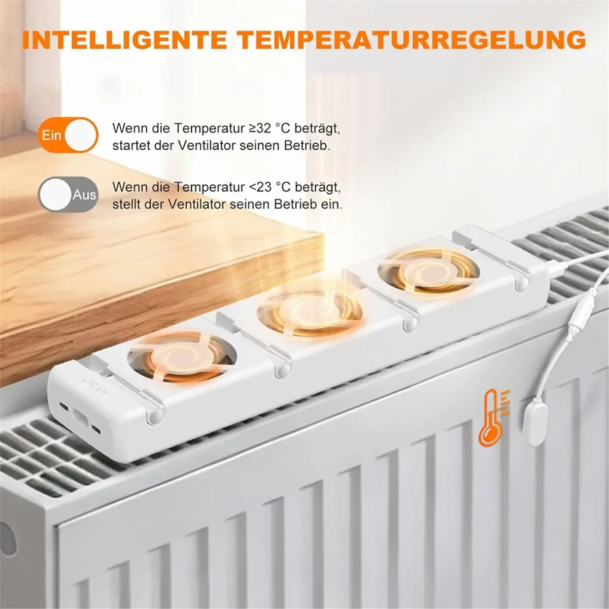 Radiator Fan with Thermostat Control, 3 Blades Smart Radiator Fan, Magnetic Mounting Radiator Amplifier EU Plug