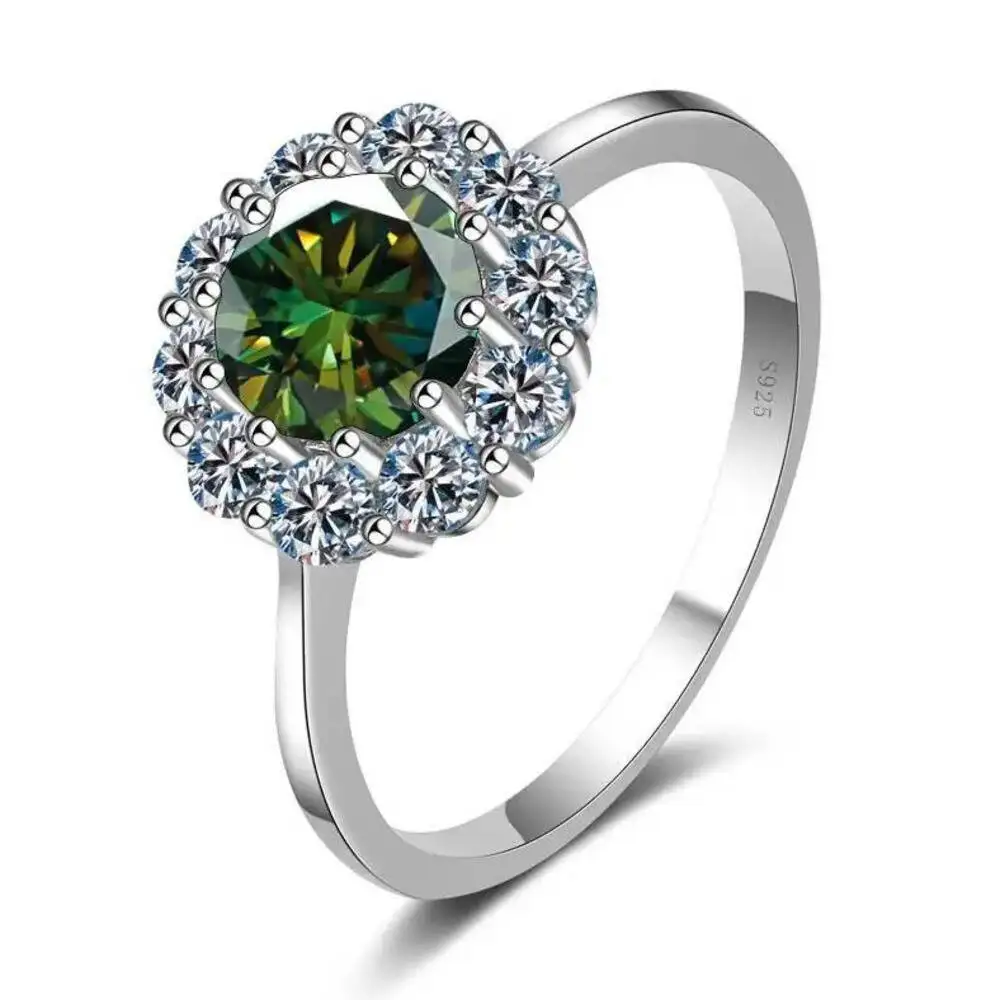 

1CT 925 Sterling Silver Round Cut Sunflower Halo D VVS1 Moissanite Cocktail Ring Multi Color Center Stone Statement Fine Jewelry