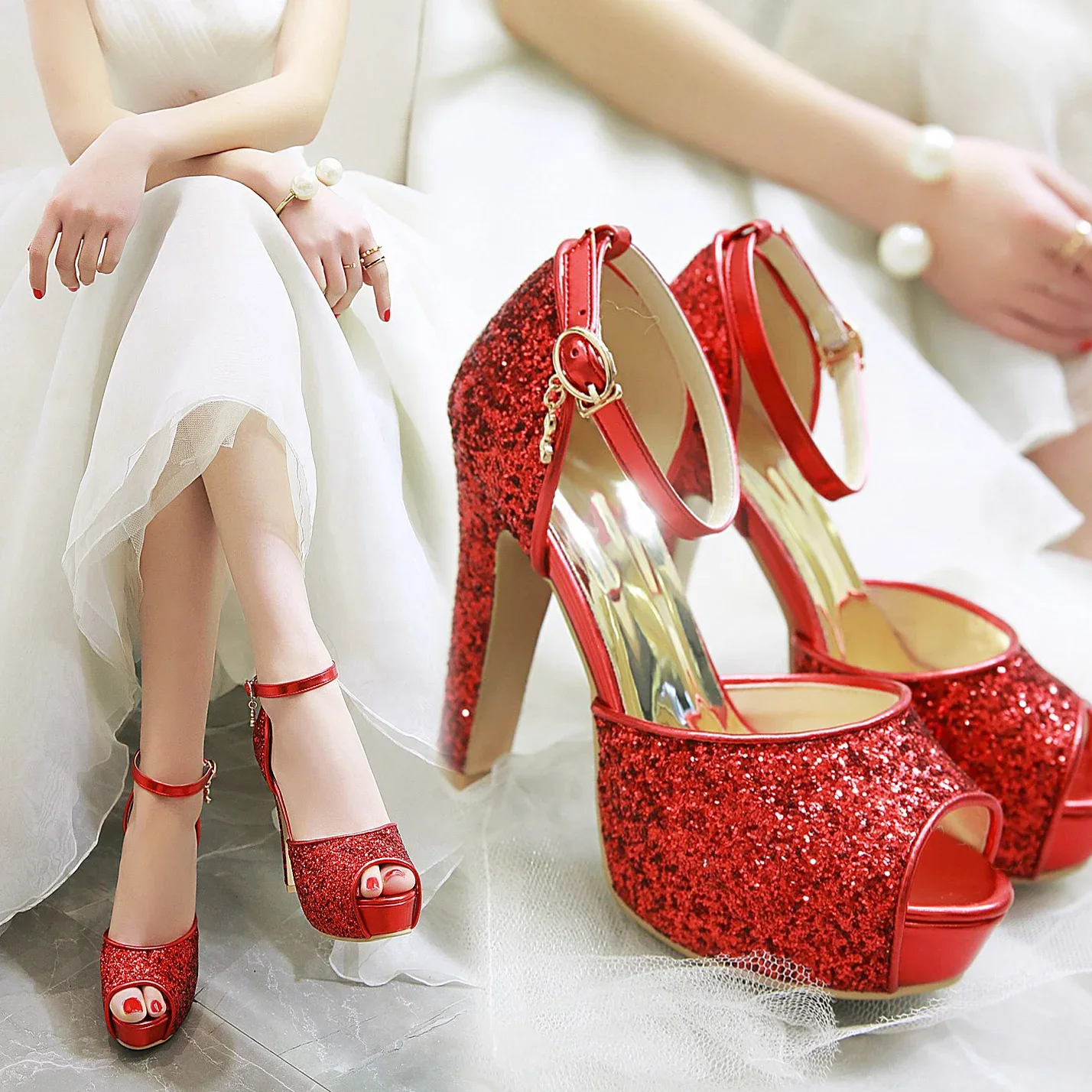 Sandali con plateau con tacco alto da donna estivi argento Sandali con plateau in tessuto con paillettes nero oro Peep Toe Cinturino alla caviglia