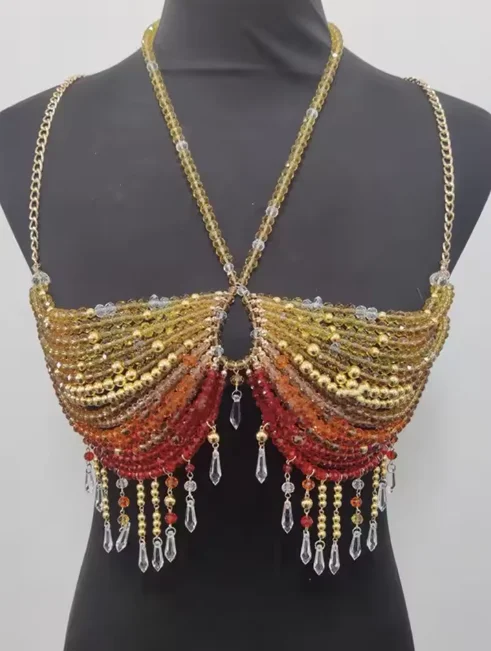 

Handmade Lingerie Harness Beaded Bra Halter Neck See-through Tassel Hollow Out Tops Body Beachwear Exaggerated Beaded Neck Bra