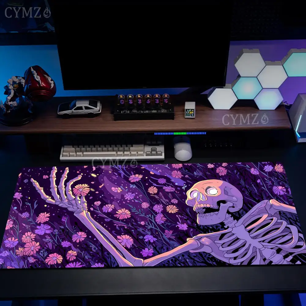 Fantasy Skeleton and Romantic Flowers Mouse Pad Desk Mat Gaming mats with Stitched Edge Non-Slip Computer mousepad office rug
