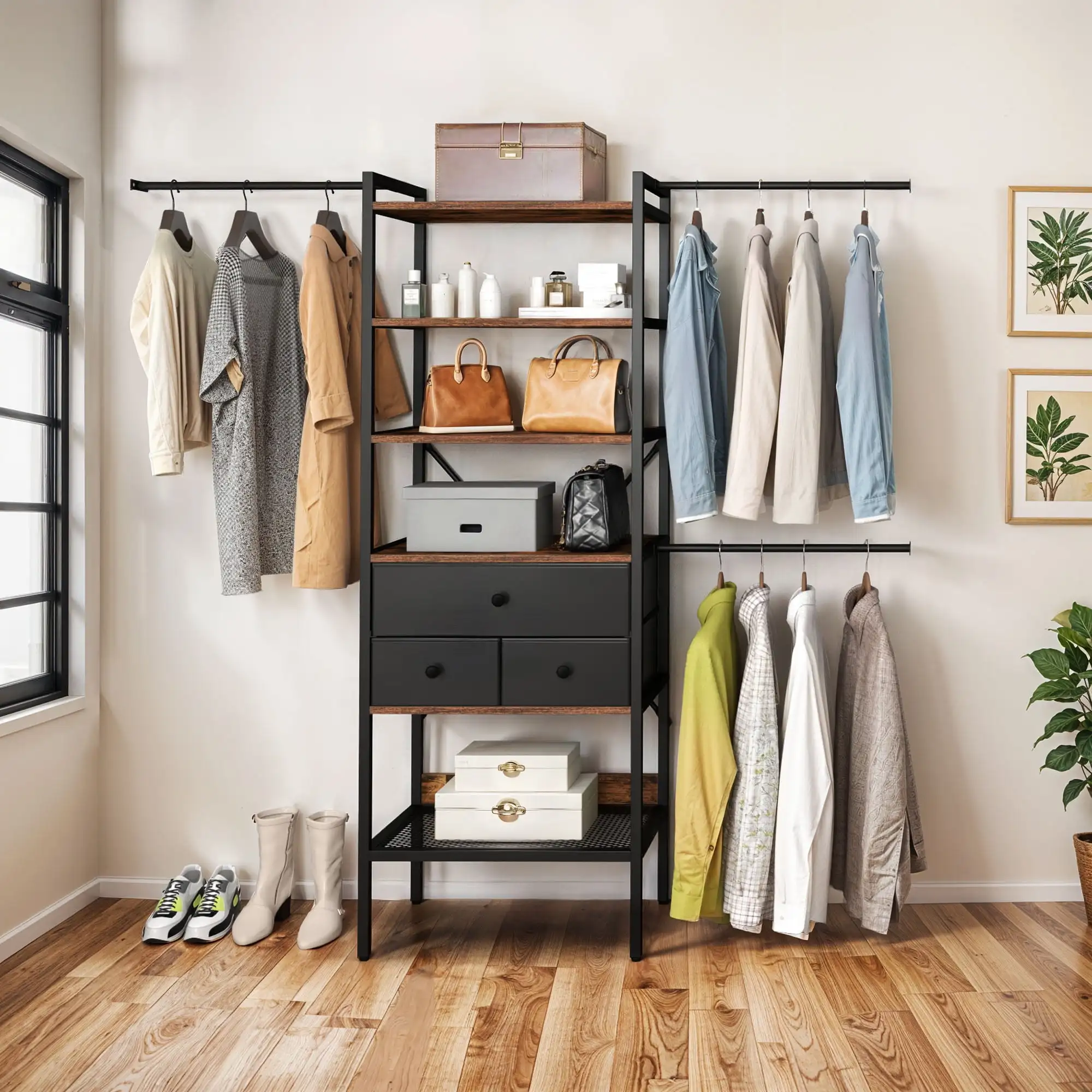 

Closet System,Clothes Rack with 3 Drawers, Heavy Duty Garment Rack for Cloakroom Bedroom, Black